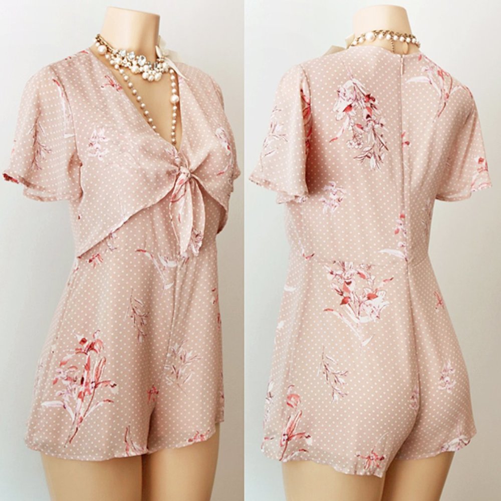 NEW Beige Polka Dots Short Sleeve Tie Front Romper - Picture 2 of 10